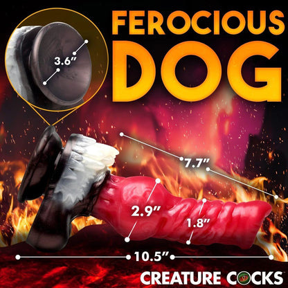 Advertisement for 'Ferocious Dog' with detailed measurements of a product against a fiery background.