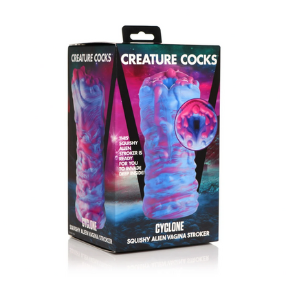 Box of 'Creature Cocks' Cyclone squishy alien vagina stroker with colorful design.