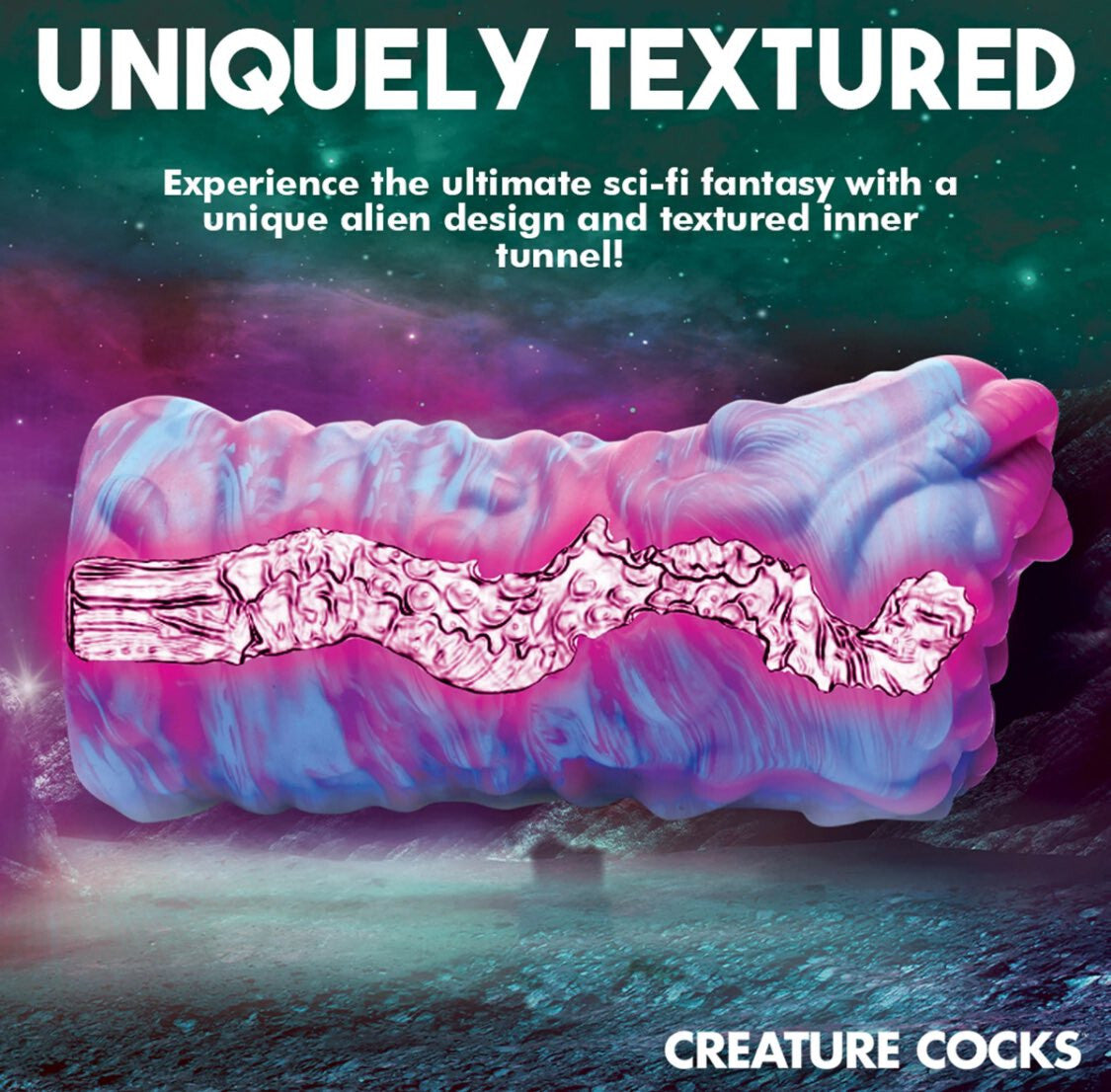 Product with unique alien design and textured inner tunnel against a space-themed background