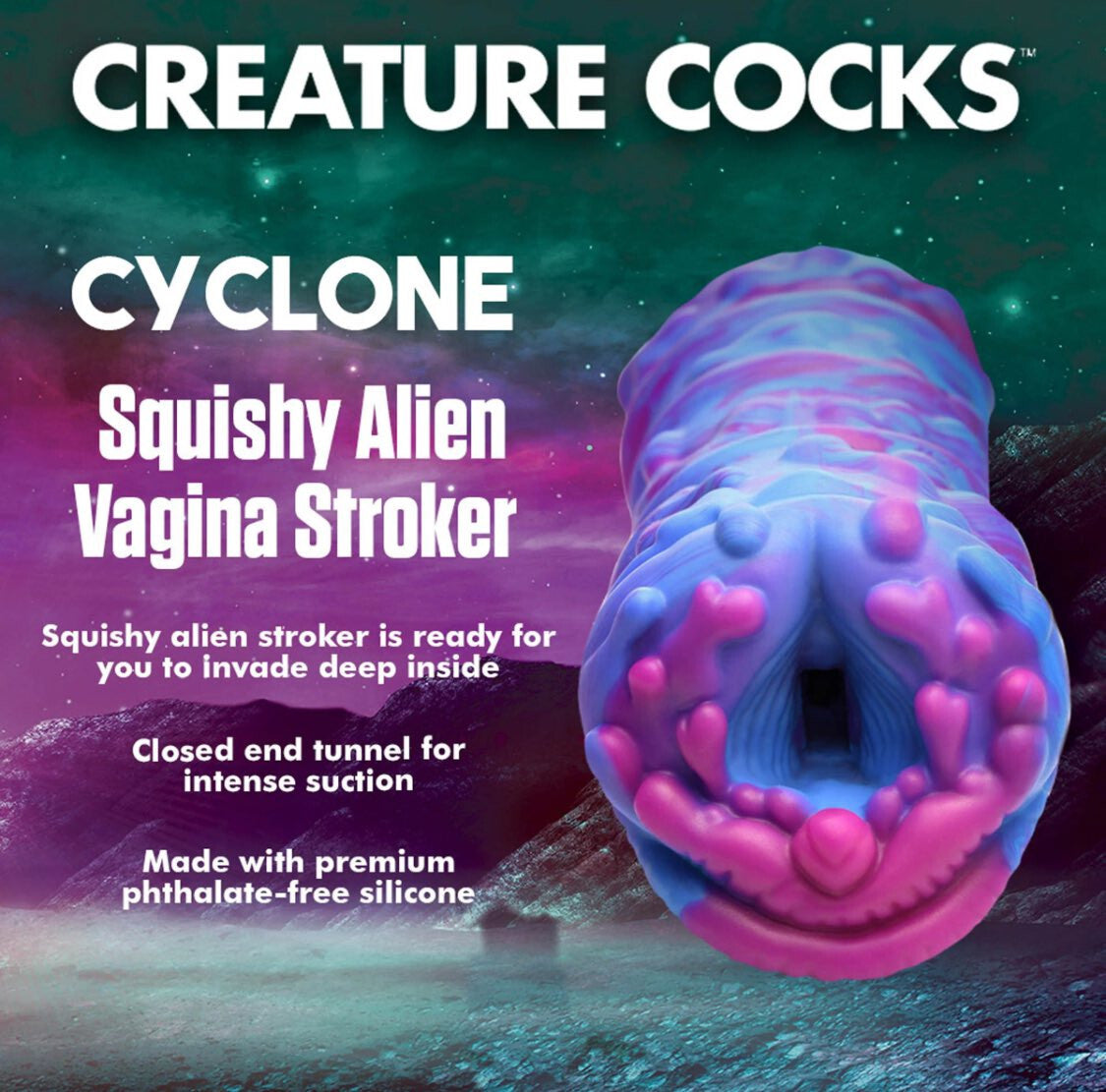 Purple and pink alien-shaped product with text about 'Creature Cocks' on a cosmic background.