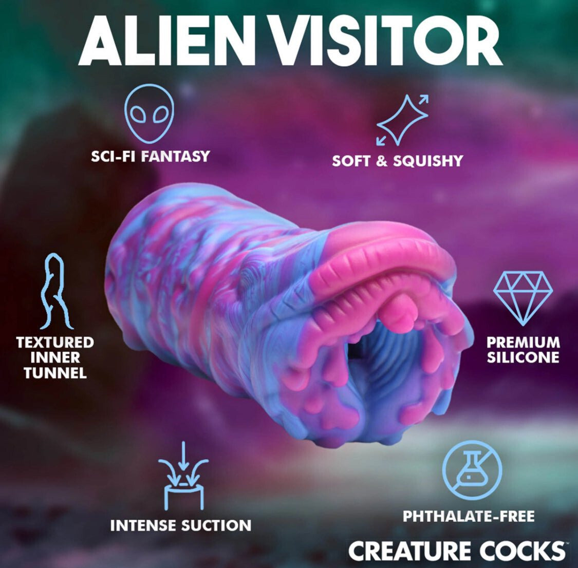 Product advertisement for 'Alien Visitor' with features listed on a colorful background.