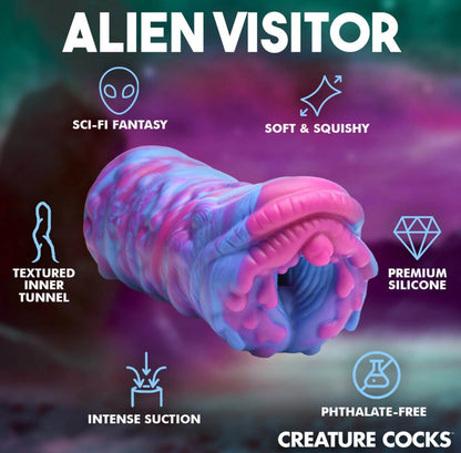 Product advertisement for 'Alien Visitor' with features listed on a colorful background.