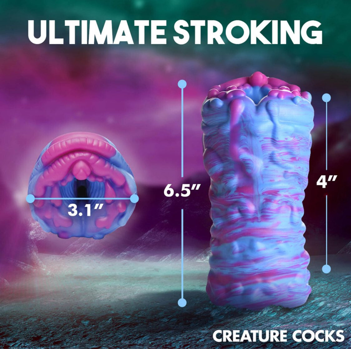 Illustration of a pink and blue creature cock vagina with measurements on a dark background