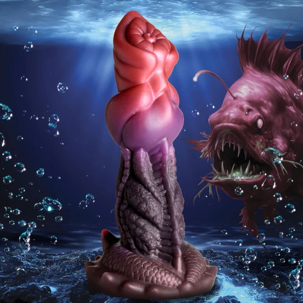 Fantasy creature dildo with a flower-like head and fish body in an underwater setting