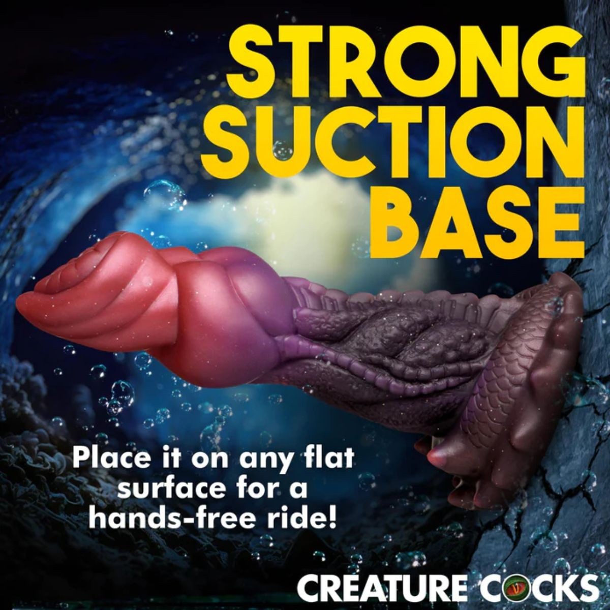 Product advertisement for a 'Strong Suction Base dildo ' with a creature-like design on a dark background.