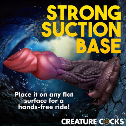 Product advertisement for a 'Strong Suction Base dildo ' with a creature-like design on a dark background.