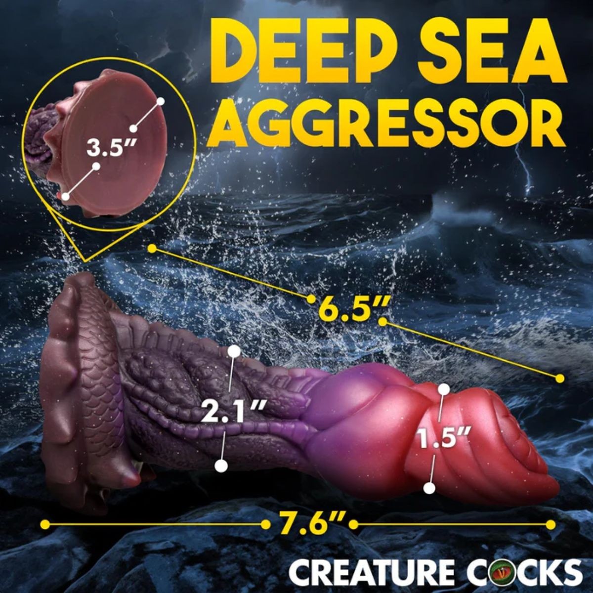 Illustration of a deep sea creature sex toy with measurements labeled, set against a dark ocean background.