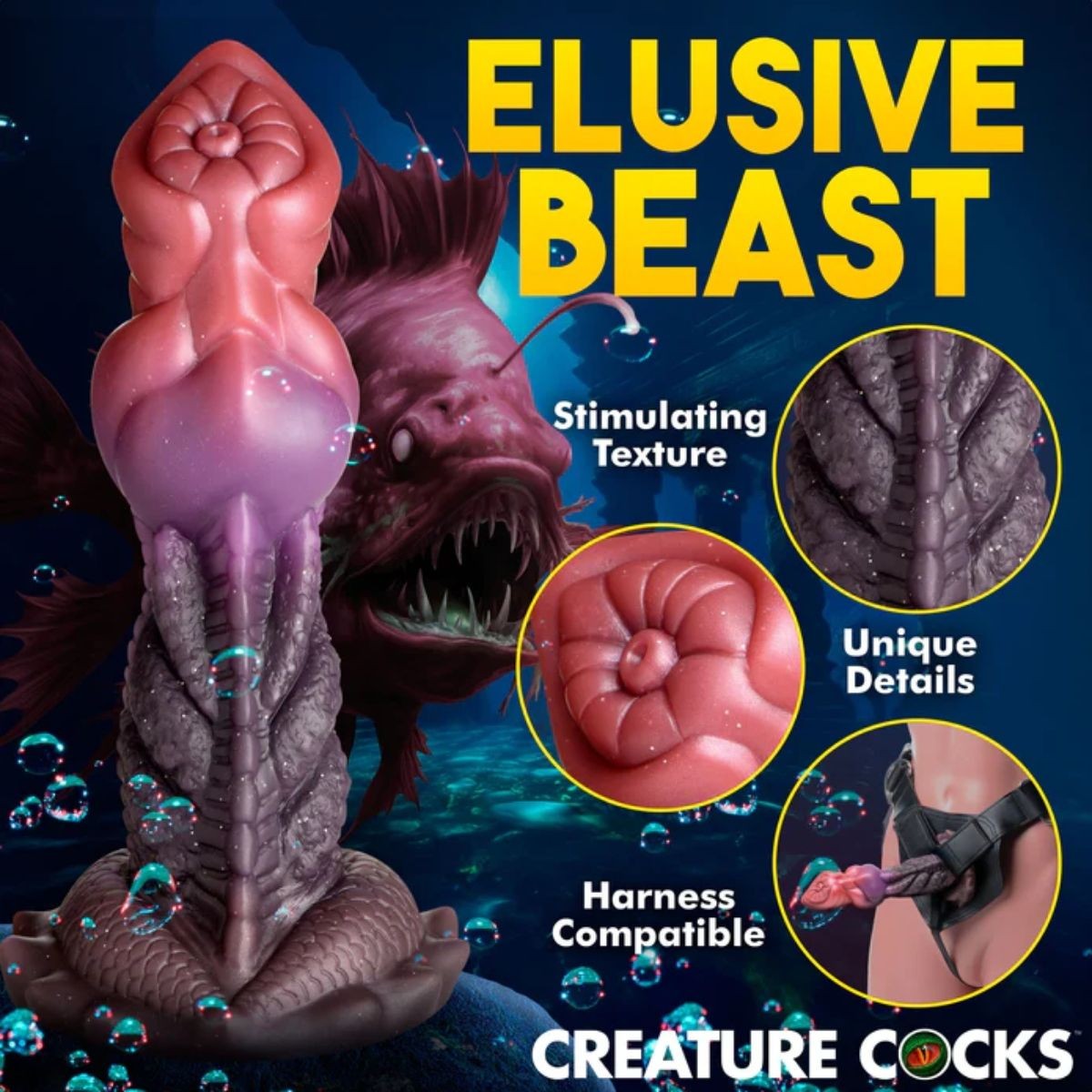 Product advertisement for 'Elusive Beast' with text highlighting features on a dark background.