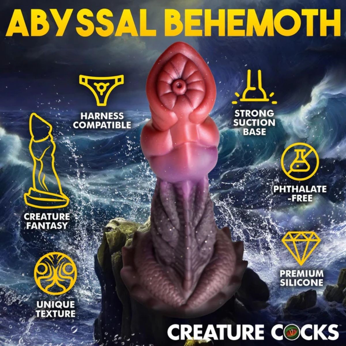Product advertisement for 'Abyssal Behemoth' with features listed on a dark ocean-themed background.