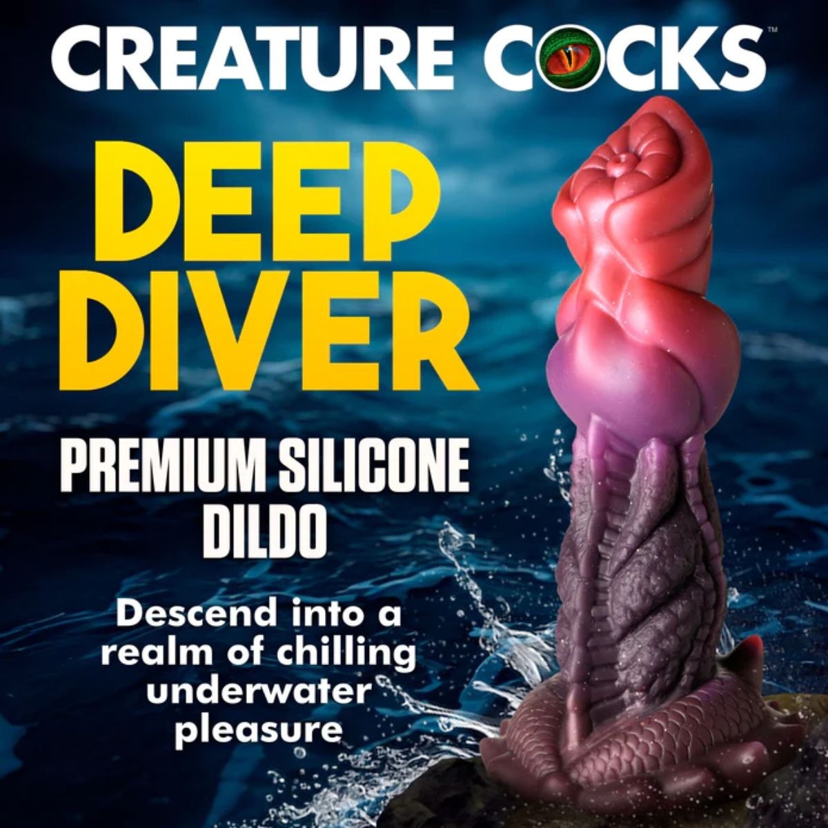 Advertisement for 'Deep Diver' premium silicone dildo with ocean background and 'Creature Cocks' branding.