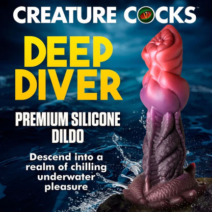 Advertisement for 'Deep Diver' premium silicone dildo with ocean background and 'Creature Cocks' branding.