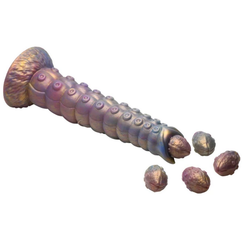 Metallic purple and gold screw shaped dildo on a white background