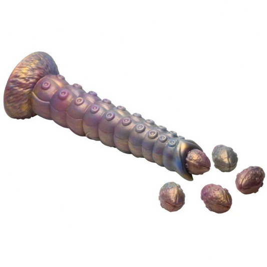 Metallic purple and gold screw shaped dildo on a white background