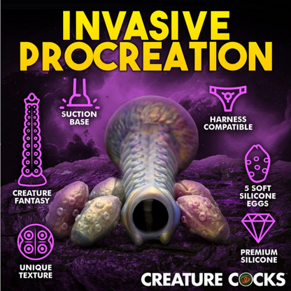 Product advertisement for 'Invasive Procreation' with purple background and text highlighting features.