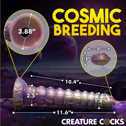 Diagram of a creature cock with measurements and 'Cosmic Breeding' text against a cosmic background.