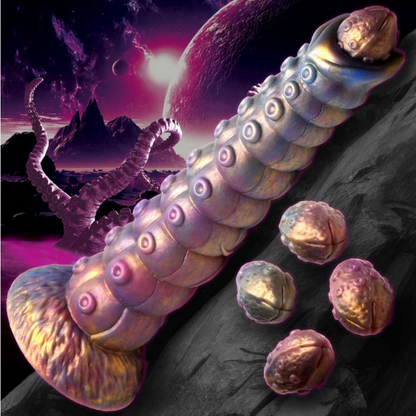 Fantasy creature with segmented body and eggs in a sci-fi landscape