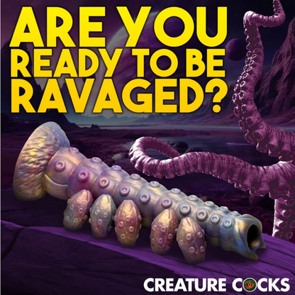 Surreal image with tentacle-like creatures and text 'Are you ready to be ravaged?' on a dark background.