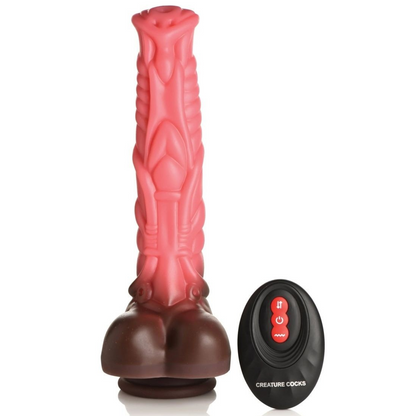 Red and brown textured dildo with a black control unit on a white background