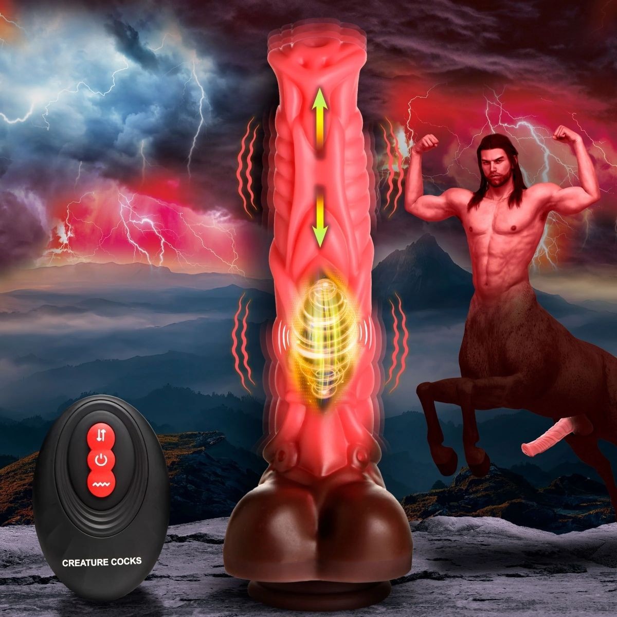 Large dildo with a fantasy-themed background featuring a muscular centaur figure.