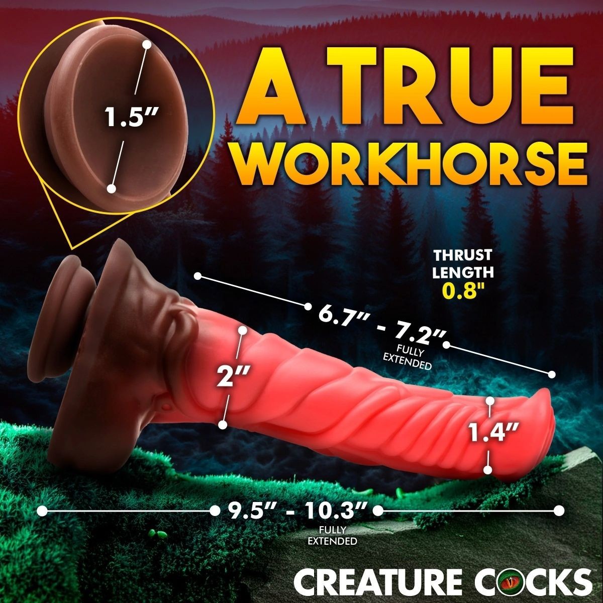 Dildo with measurements and branding on a nature-themed background
