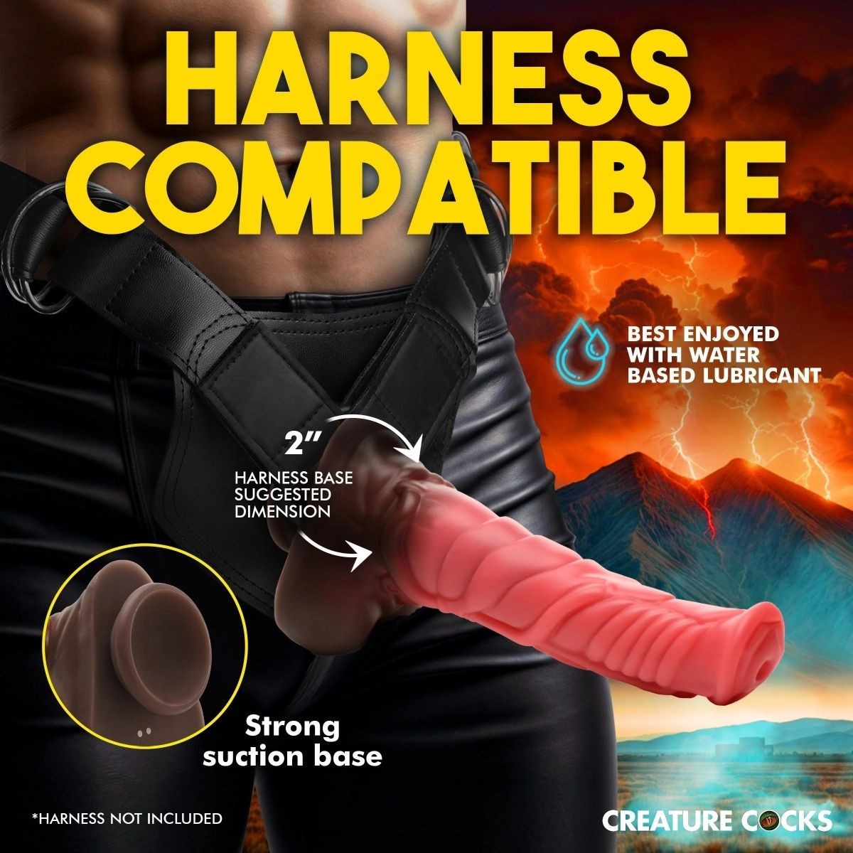 Product advertisement for a harness-compatible item with a fiery mountain background.