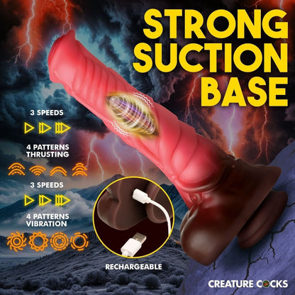 Sexual product with text about strong suction base, rechargeability, and features on a dramatic background.