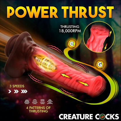Advertisement for dildo with 'Power Thrust' feature with detailed features on a dark background.