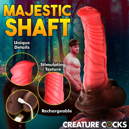 Product advertisement for a 'Majestic Shaft' with text highlighting unique details, stimulating texture, and rechargeability against a forest background.
