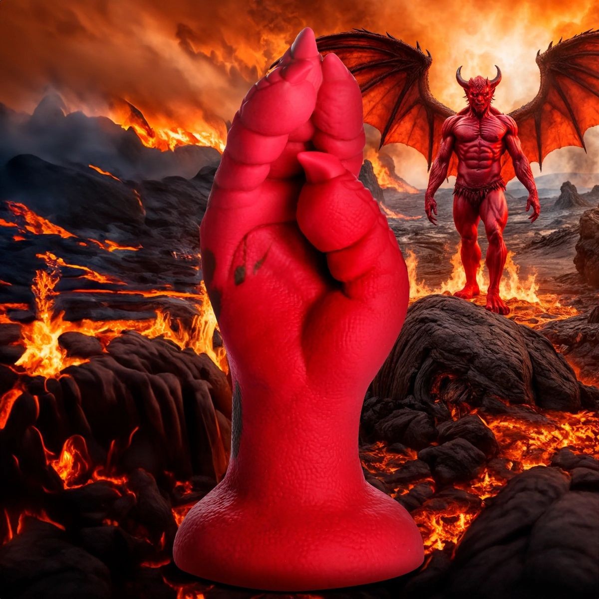 Red claw hand in front of a fiery background with a dragon-like creature.