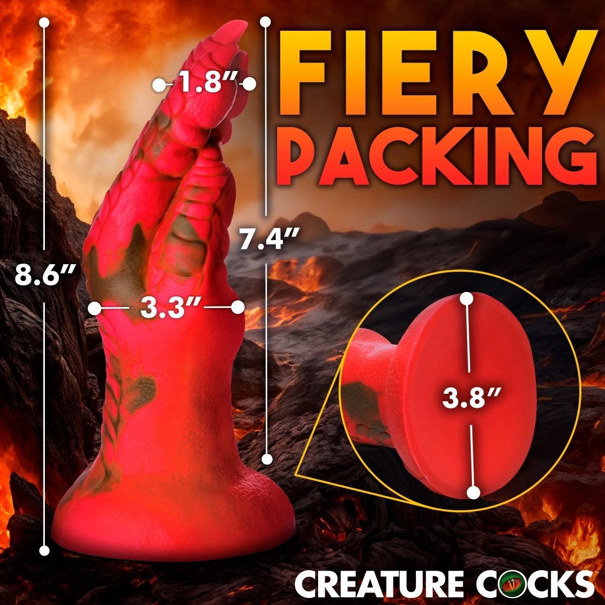 Red product with measurements against a fiery background, labeled 'Fiery Packing' and 'Creature Cocks'.