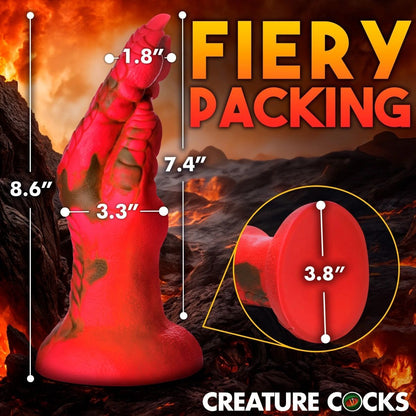 Red product with measurements against a fiery background, labeled 'Fiery Packing' and 'Creature Cocks'.