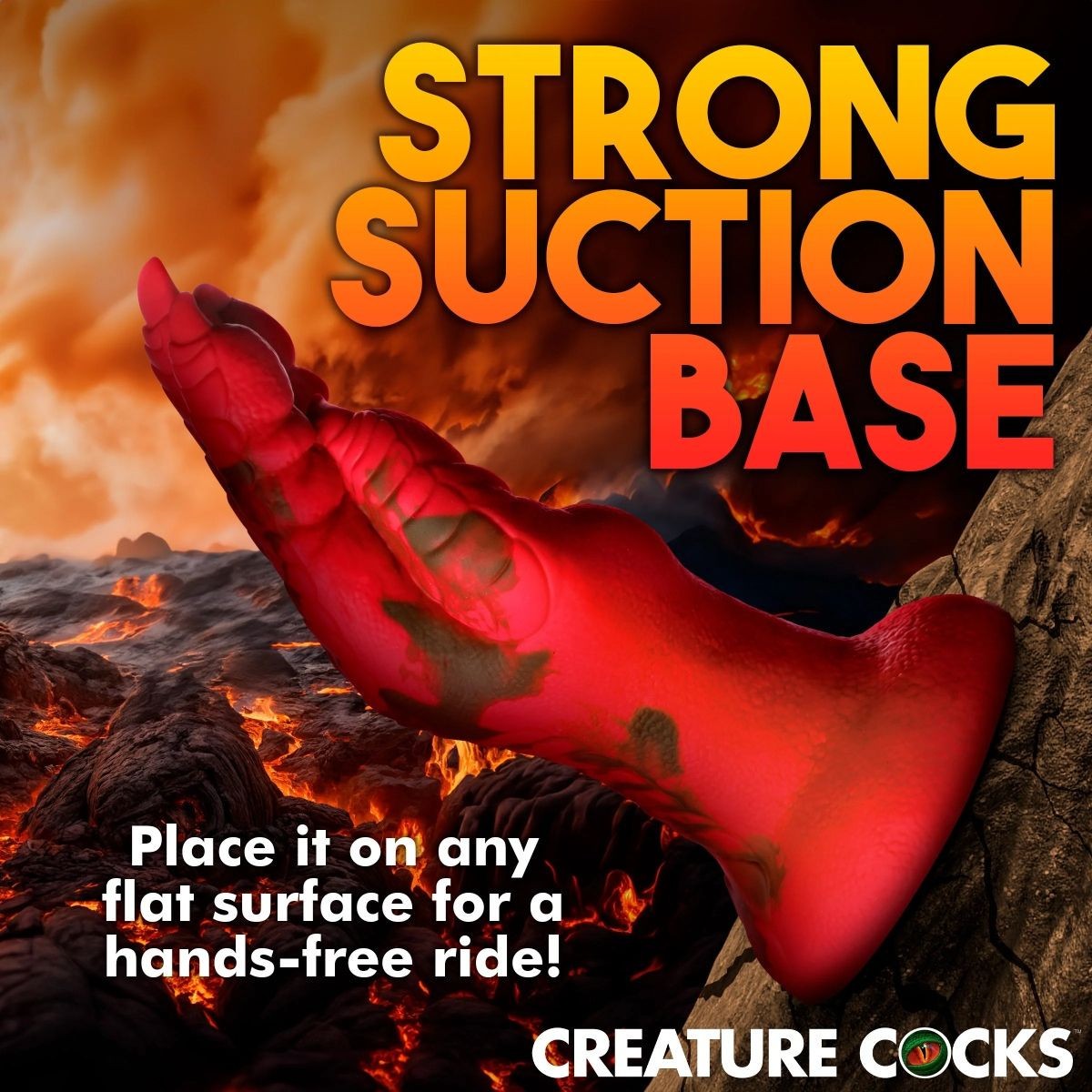 Red suction cup dildo on a fiery background with text about a 'strong suction base'.