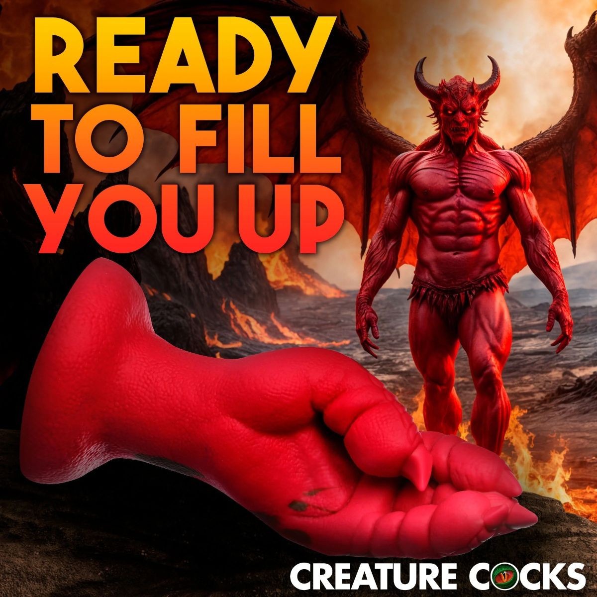 Red creature with horns and wings and a large red claw dildo against a fiery background with text.
