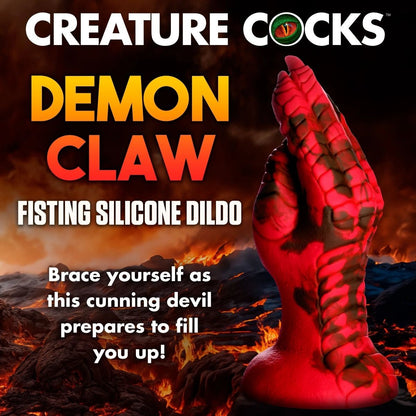 Silicone dildo with fiery background and text about 'Demon Claw' product from 'Creature Cocks'.