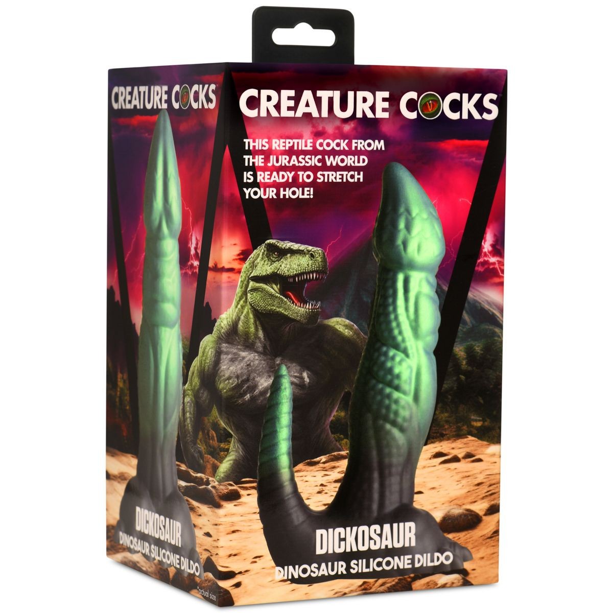 Package of a dinosaur-themed silicone dildo with 'Creature Cocks' branding.