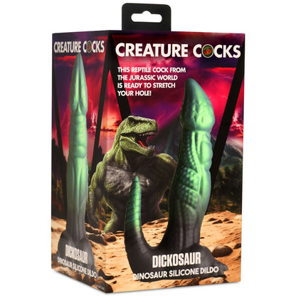 Package of a dinosaur-themed silicone dildo with 'Creature Cocks' branding.