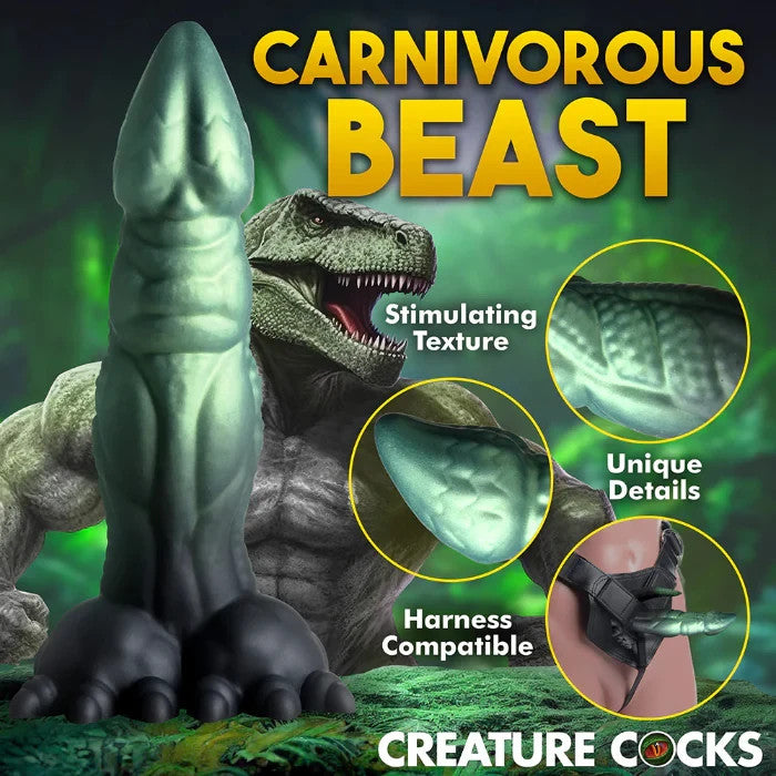Carnivorous Beast product with text highlighting features on a green background