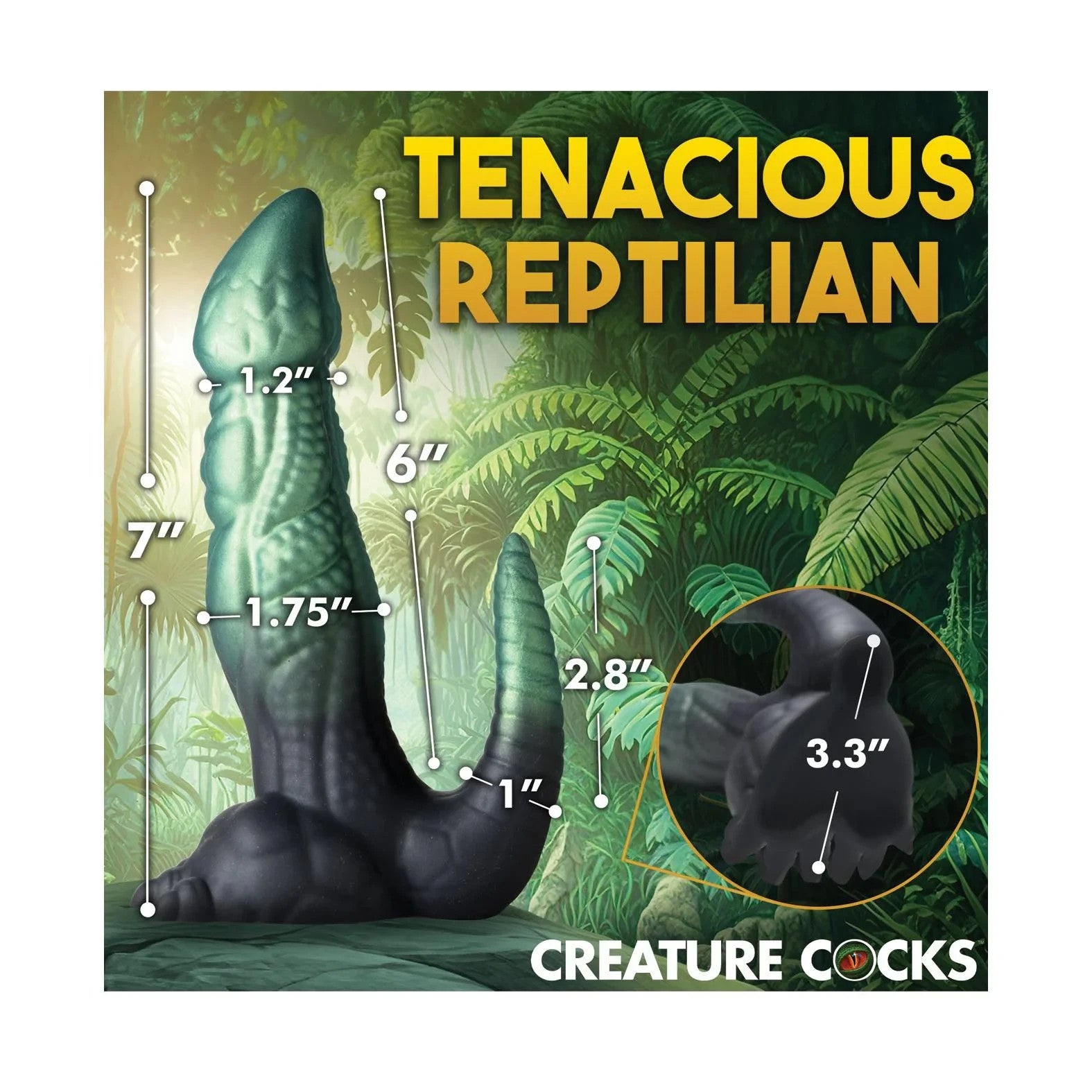 Product packaging for 'Dickosaur' with measurements and 'Creature Cocks' branding on a jungle-themed background.