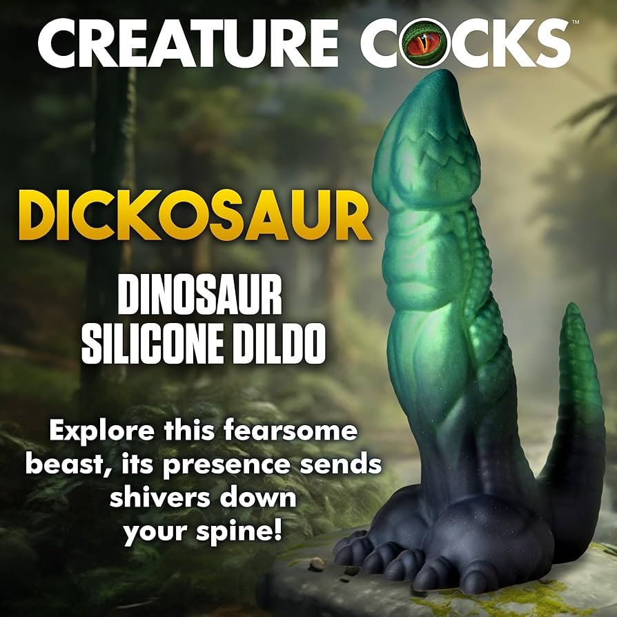 Dinosaur-shaped silicone dildo with 'Creature Cocks' branding and promotional text.
