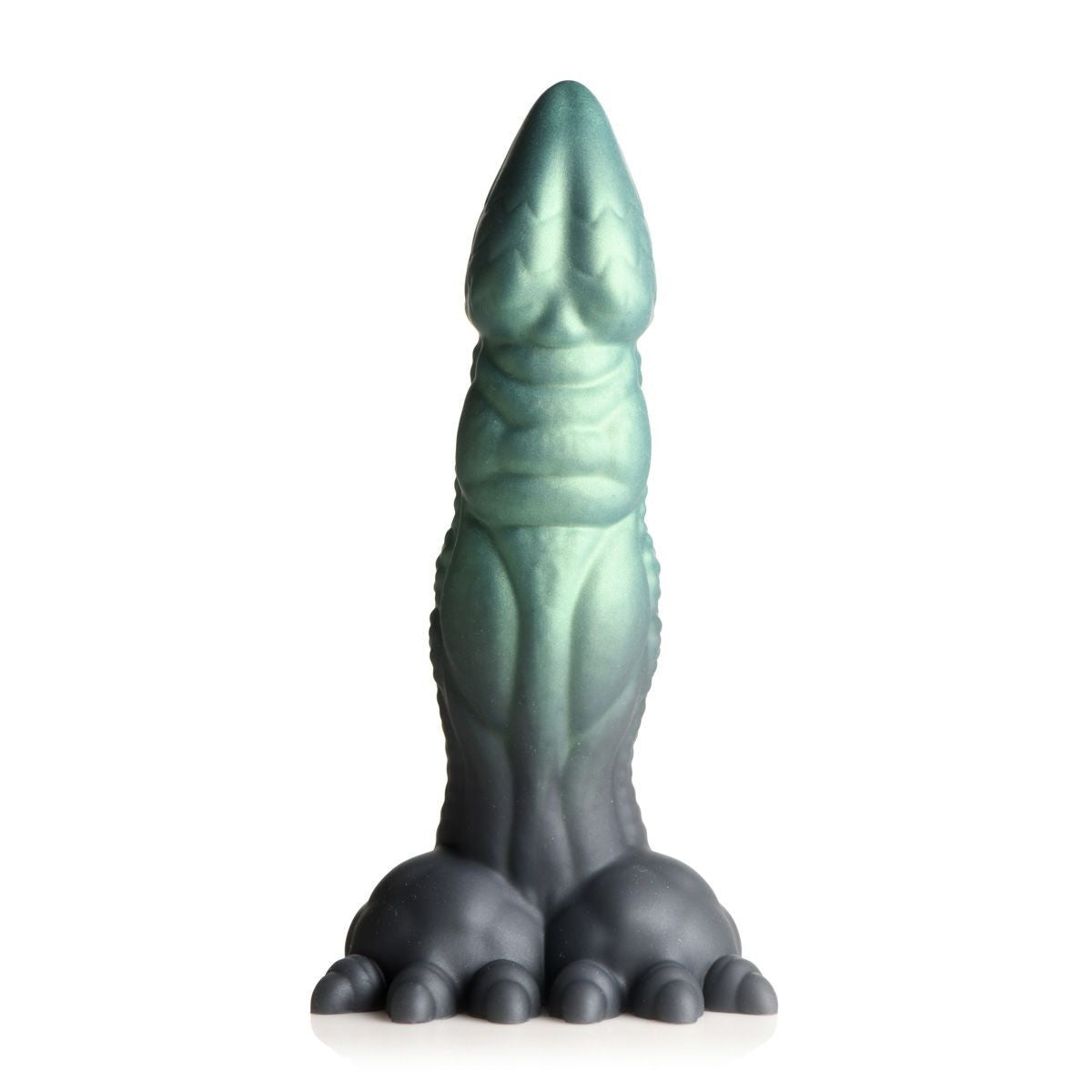 Green and gray alien-like creature dildo on a white background
