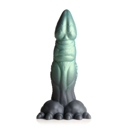 Green and gray alien-like creature dildo on a white background