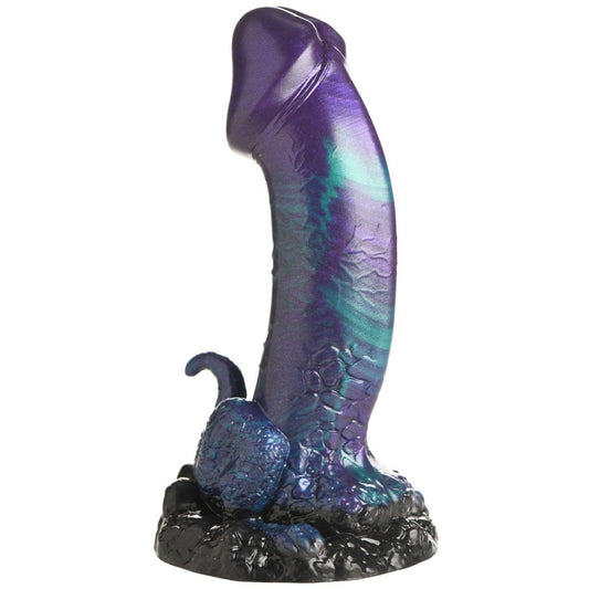 Purple and blue fantasy creature dildo on a white background
