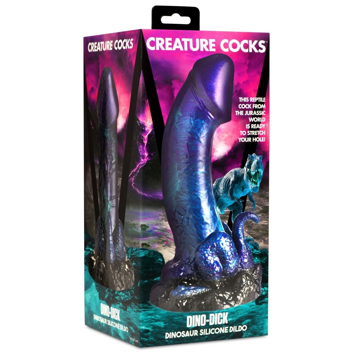 Dinosaur silicone dildo packaging with 'Creature Cocks' branding on a white background