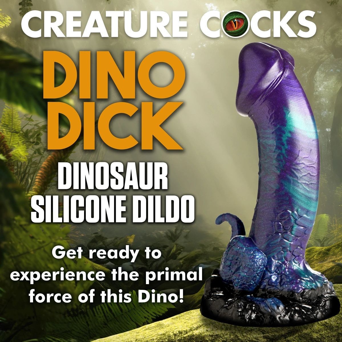 Dinosaur silicone dildo with 'Creature Cocks' branding and promotional text.