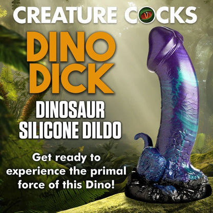 Dinosaur silicone dildo with 'Creature Cocks' branding and promotional text.