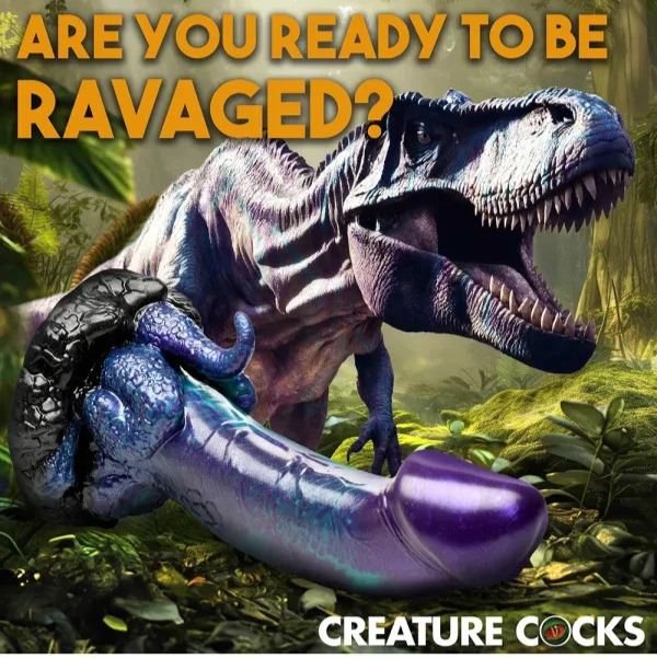 Dinosaur-like creature with a large purple dildo labeled 'CREATURE COCKS' in a forest setting.