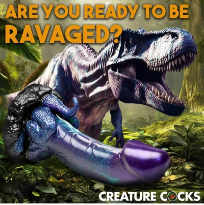 Dinosaur-like creature with a large purple dildo labeled 'CREATURE COCKS' in a forest setting.