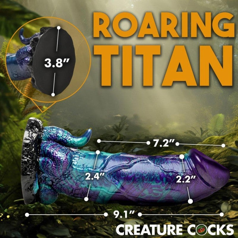 Product with 'Roaring Titan' branding and measurements on a nature-themed background