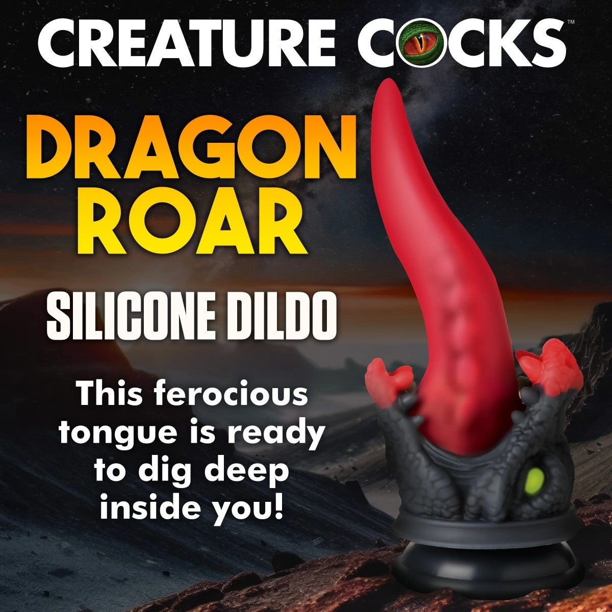 Silicone dildo with dragon design labeled 'Dragon Roar' by Creature Cocks on a dark background.
