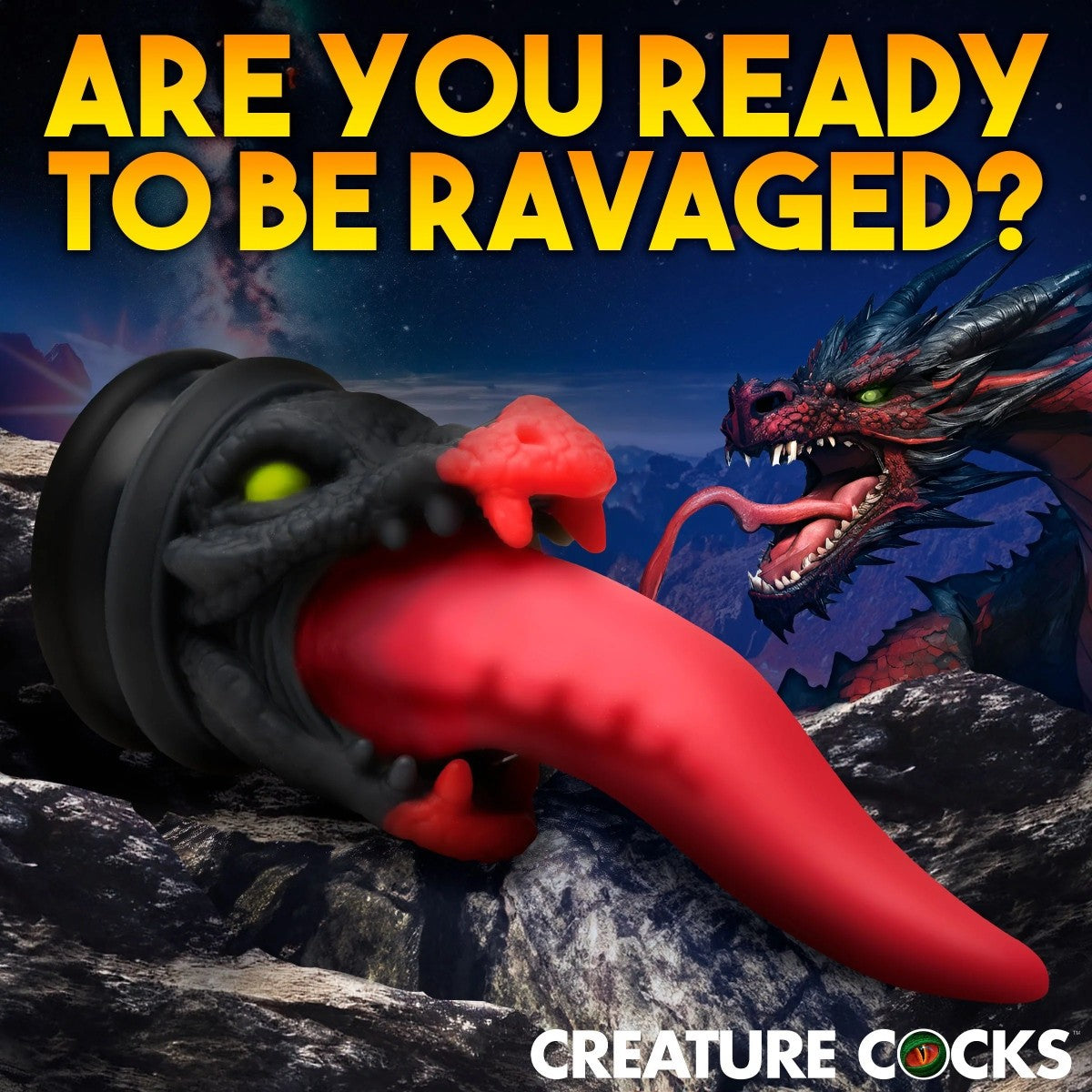 Red and black creature dildo with text 'Are you ready to be ravaged?' and 'Creature Cocks' logo.